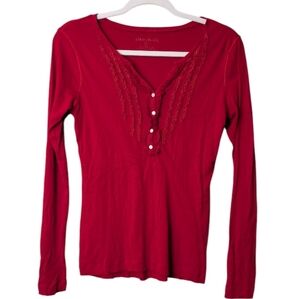 Eddie Bauer long-sleeve red Henley top with button & ruffle detail Medium Y2K